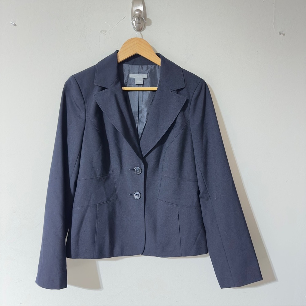 👉, Ann Taylor Women's Navy Blue Two-Button Tailored Blazer Suit Jacket Size 8